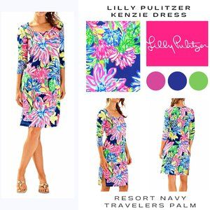 Lilly Pulitzer Kenzie Dress, Resort Navy Travelers Palm, Size L